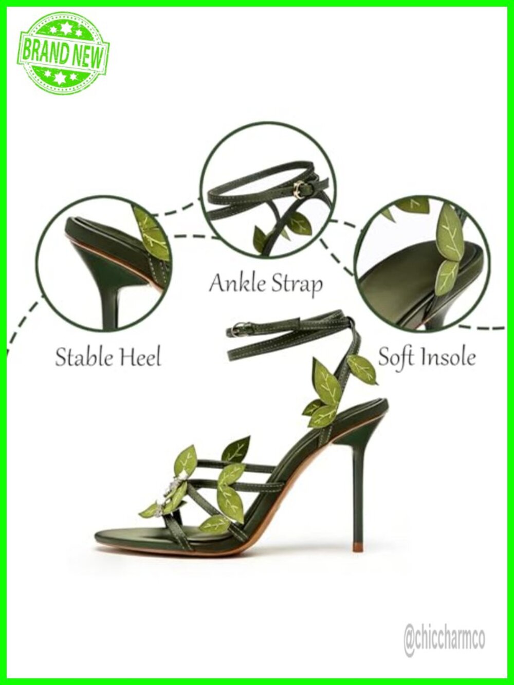 Stiletto Ankle Wrap Strap Sandals 3.93" Heel Leaf Decor Faux Leather - Picture 4 of 6